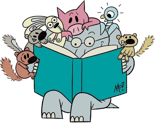 Illustration of Gerald from the Mo Willems "Elephant and Piggie" series reading a book, with the author's other animal characters perched on his shoulders and head. All the animals are looking excitedly at the book.