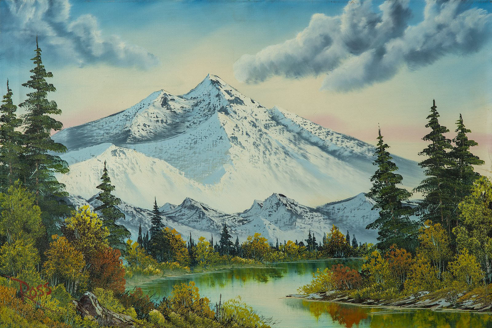 Painting of a mountain and several trees against a blue sky.