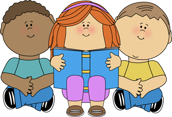 Illustration of three kids reading a book together.