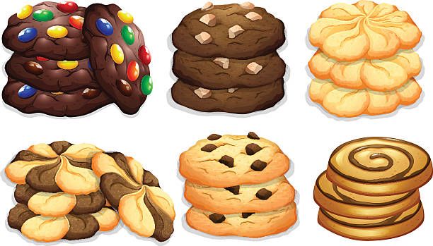Illustration of several different kinds of cookies, each in a stack of three or four.