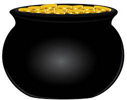 Illustration of a black pot filled with gold coins.