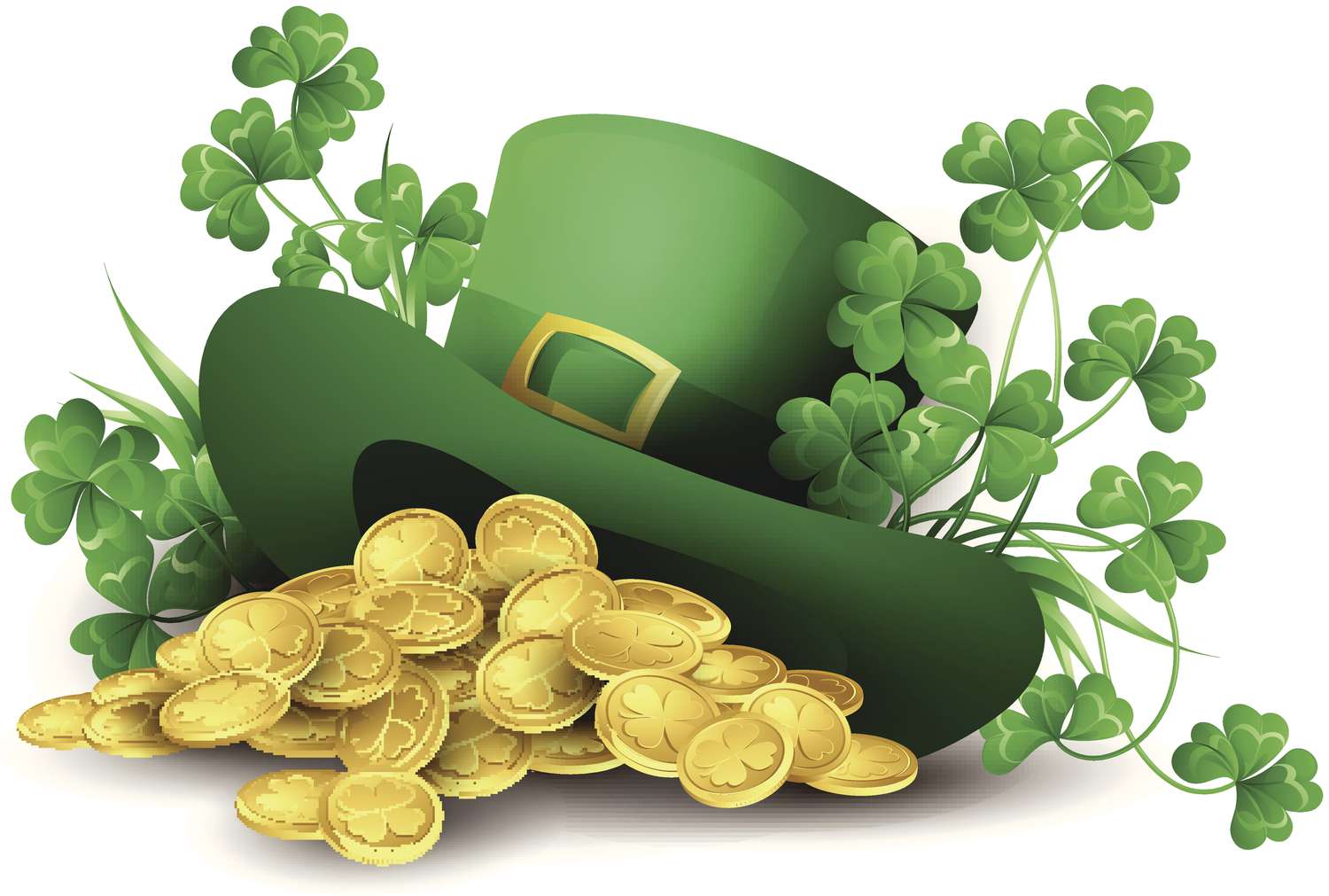 Illustration of a green hat with a gold buckle. Underneath the hat is a pile of gold coins and around it are many four-leaf clovers.