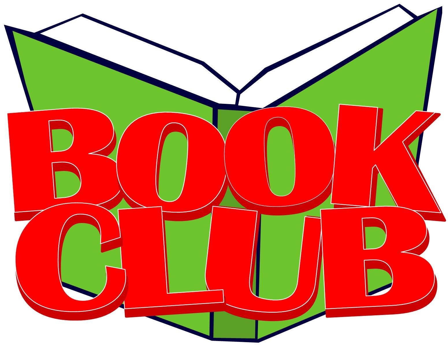 Illustration of a green book held open, with red text in front that says "Book Club."