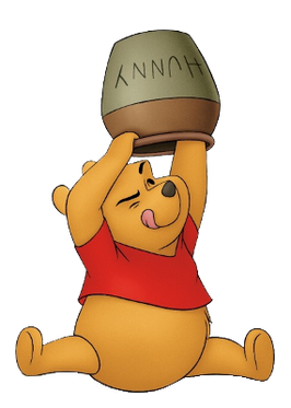 Illustration of Winnie the Pooh holding a honey pot upside down above his head and staring into it, with one eye closed and his tongue sticking out.