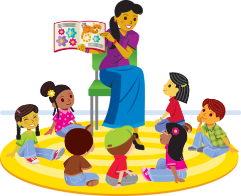 Illustration of a librarian reading a picture book aloud to a group of young children. The librarian is sitting in a green chair while the children are sitting on a yellow rug.