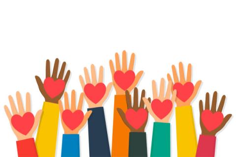 Illustration of raised hands with various skin colors, each with a heart in the middle of the hand.