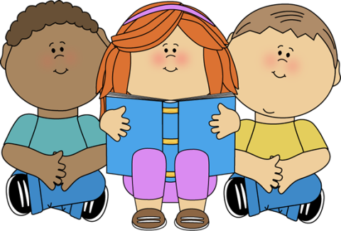 Illustration of three kids reading a book together.