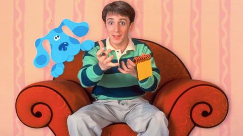 Steve and Blue from Blue's Clues sitting on the Thinking Chair.