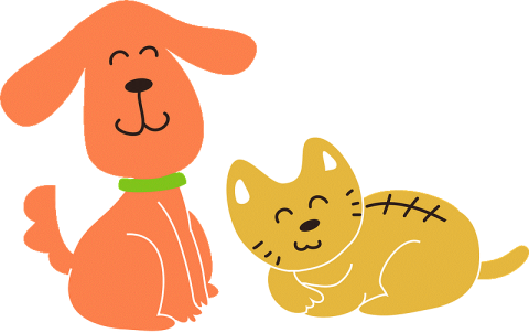 Illustration of an orange dog sitting next to a smiling yellow cat.