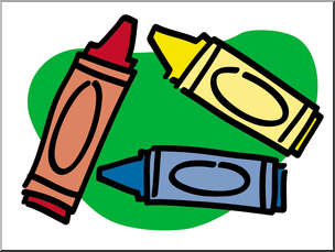 Illustration of red, blue, and yellow crayons against a green background.