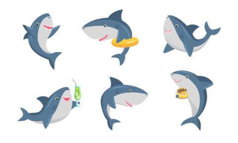 Several cartoon sharks hold various foods and do flips in the air.