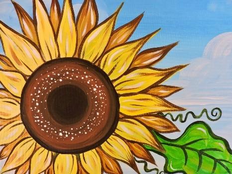 Painting of a sunflower against a blue sky background.