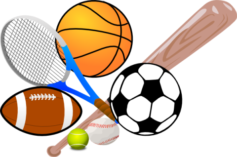Illustration of a basketball, tennis ball, tennis racket, football, soccer ball, and baseball bat.
