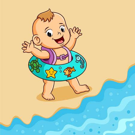 Illustration of a baby in an inner tube standing on a beach.