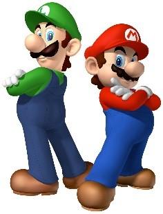 Mario and Luigi standing back to back.