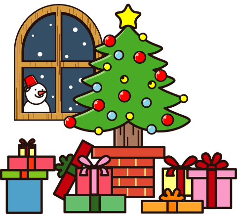 Illustration of a Christmas tree with a pile of presents underneath it and a window to the left showing a snowy scene and a snowman peeking through.