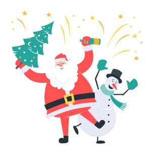 Illustration of a dancing Santa and a snowman. Santa is holding a small Christmas tree.