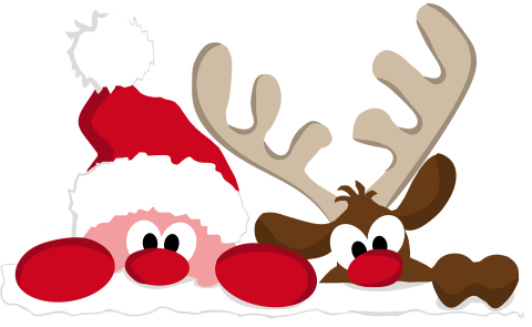 Illustration of Santa and a reindeer peeking over a pile of snow