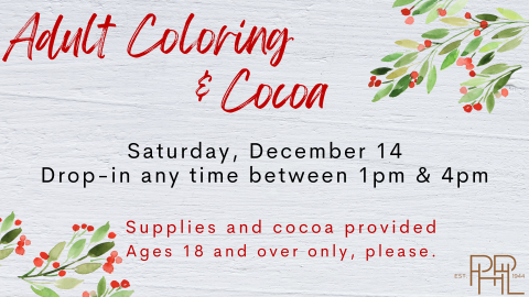 A sign advertising the Adult Coloring and Cocoa program on Saturday, December 14 from 1 to 4 pm