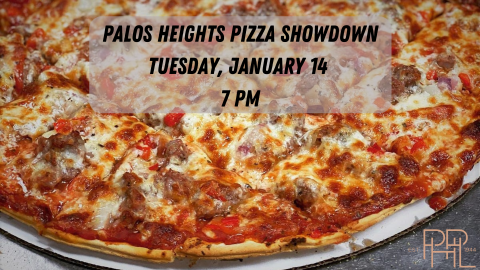 A sign advertising the Palos Heights Pizza Showdown on Tuesday, January 14 at 7pm