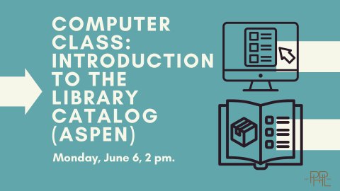 Image that shows a computer and book, Computer Class Introduction to the Library Catalog (Aspen) Monday June 6, 2 pm
