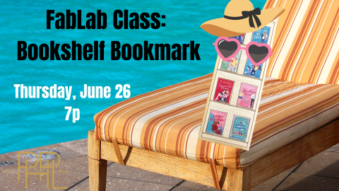 Image that shows a bookmark on a lounge chair, FabLab Class: Bookshelf Bookmark, Thursday, June 26th, 7 pm  