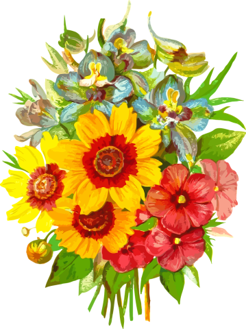Illustration of a bouquet of various flowers.
