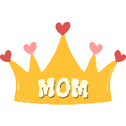 Illustration of a yellow crown with the word "Mom" in the middle. On each spike of the crown is a tiny heart.