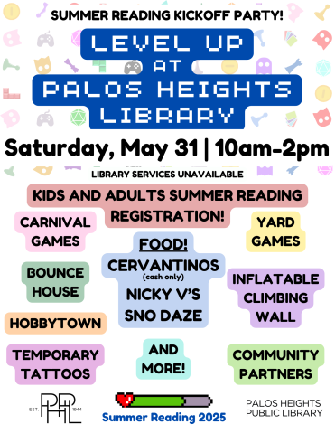 Image promoting the events of the Summer Reading Kickoff Party, the same events as are listed in the description below.