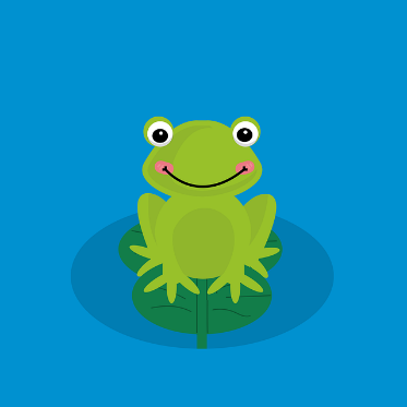 Illustration of a smiling frog sitting on a lily pad against a blue background.