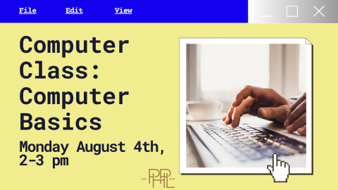 Image that shows hands typing on a keyboard, Computer Class: Computer Basics Monday August 4th, 2-3 pm 