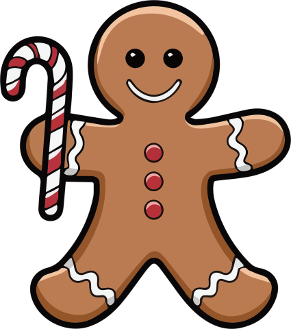 Illustration of a gingerbread man holding a candy cane.