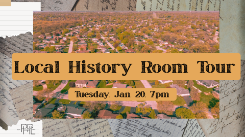 Image that shows aerial view of Palos Heights and text: Local History Room Tour Tuesday, Jan. 20, 7pm 