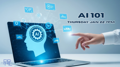 Image that shows a computer and text: AI 101  Thursday, Jan. 22, 7pm 
