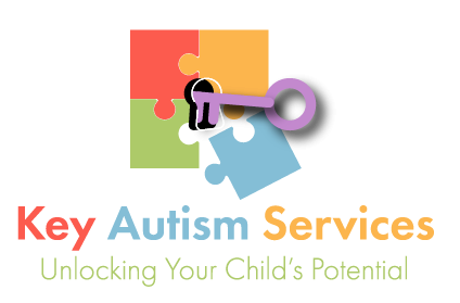 Logo for Key Autism Services, featuring a key fitting into 4 interlocking puzzle pieces in primary colors. Text underneath reads "Key Autism Services: Unlocking Your Child's Potential."