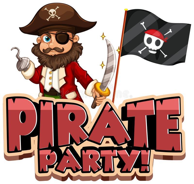 Cartoon image of a pirate next to a pirate flag with the text "Pirate Party!" written underneath.