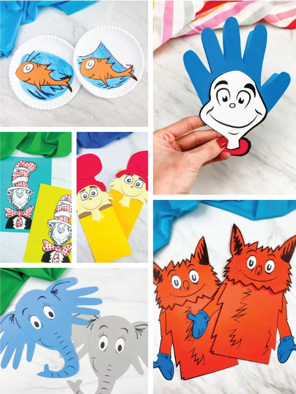 Various crafts of famous characters from Dr. Seuss books.