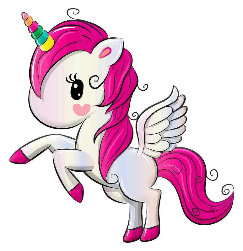 Illustration of a unicorn with a pink mane, tail, and hooves, and a rainbow horn.