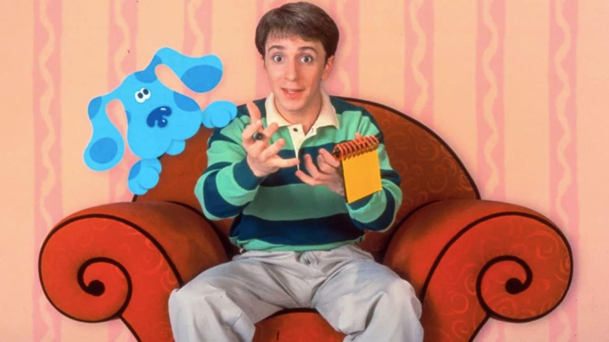 Steve and Blue from Blue's Clues sitting on the Thinking Chair.