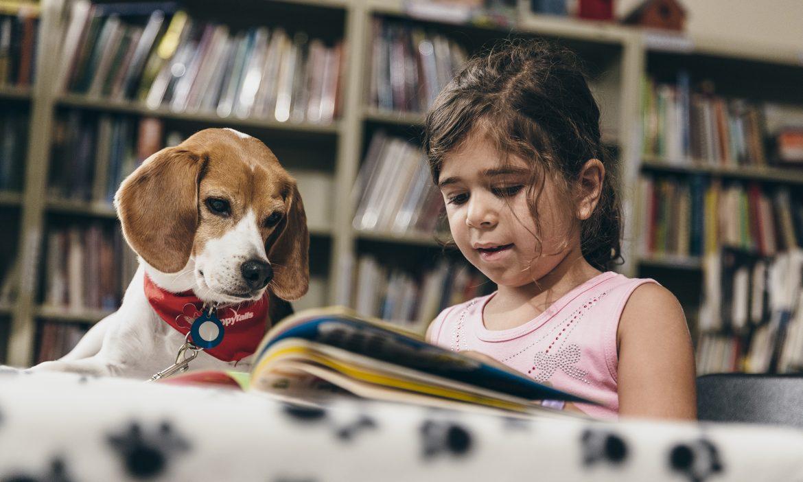 A young girl reads a book to an attentive dog.