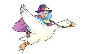 Illustration of an old woman riding on the back of a large white goose.