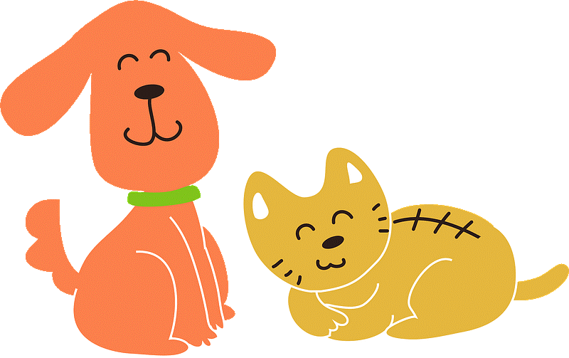 Illustration of an orange dog sitting next to a smiling yellow cat.