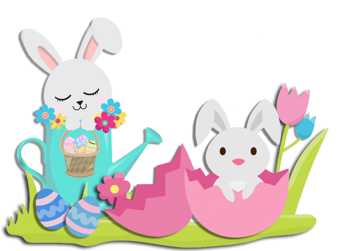 Illustration of two cute bunnies in a garden.