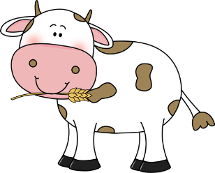 Cartoon image of a cow with a stalk of grain in its mouth.