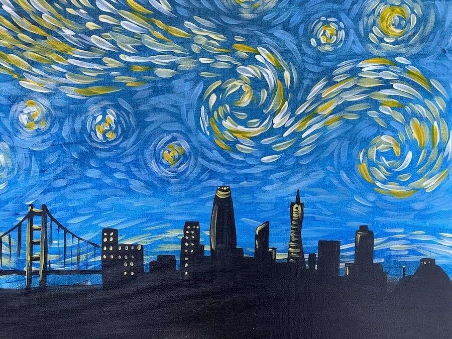 Imitation of Van Gogh's Starry Night painting with modern buildings in the background.