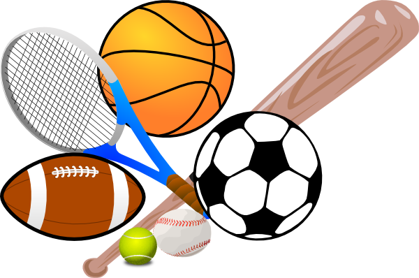 Illustration of a basketball, tennis ball, tennis racket, football, soccer ball, and baseball bat.