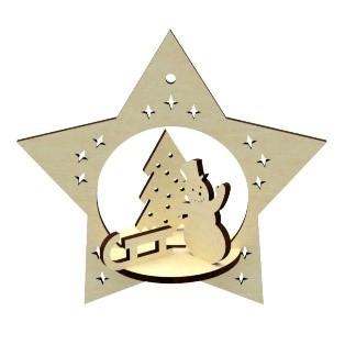 Wooden star ornament with a snowman and Christmas tree in the center cutout.