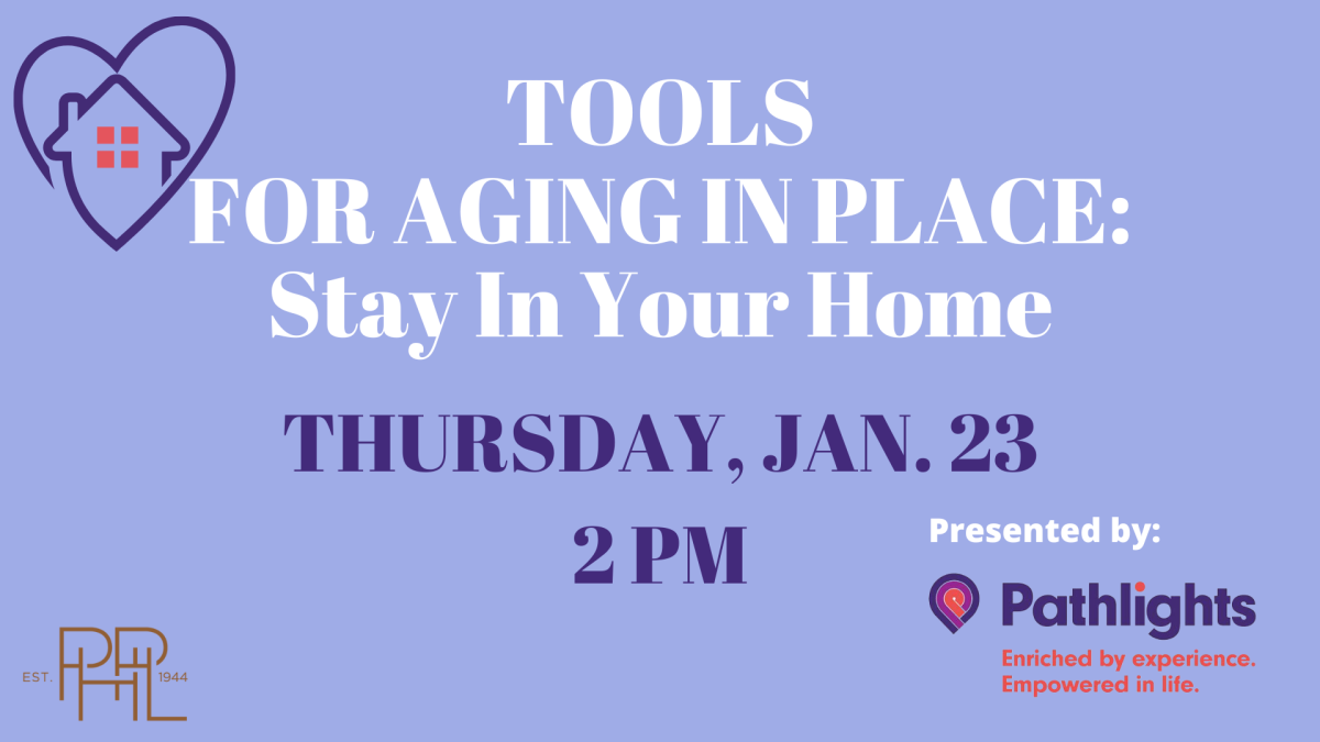 A sign advertising Tools for Aging in Place on Thursday, January 23 at 2PM