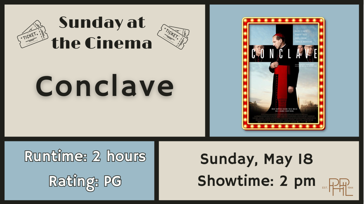 Image with text that reads Sunday at the Cinema Conclave Sunday, May 18, 2PM