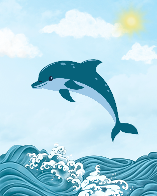 Illustration of a dolphin jumping over the waves on a sunny day.